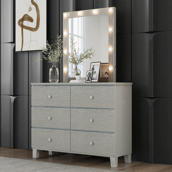 Champagne Silver Rubber Wood Dresser & Mirror with 6 Drawers Metal Slides Crystal Handle LED Lights Mirror image