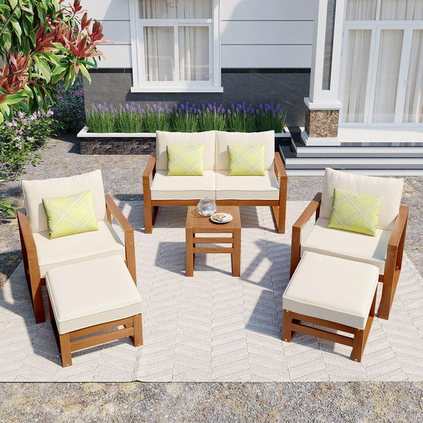 Outdoor Patio Wood 6-Piece Conversation Set, Sectional Garden Seating Groups Chat Set with Ottomans and Cushions for Backyard, Poolside, Balcony, Beige image