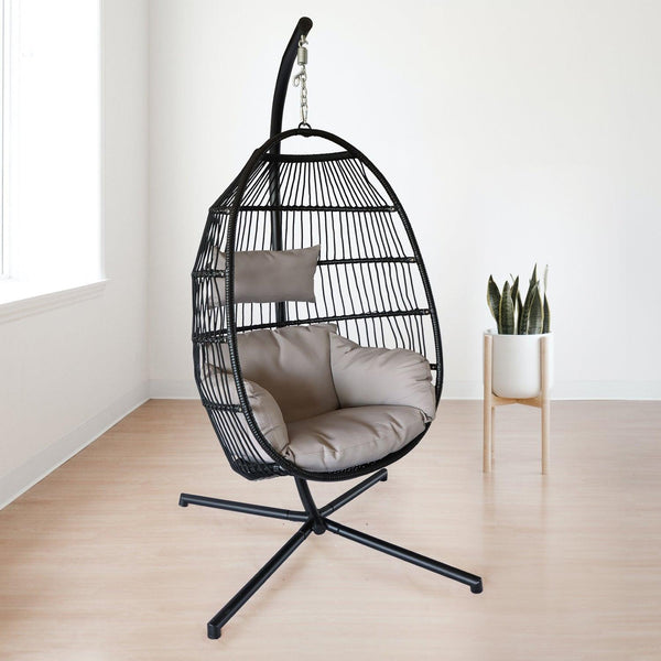 Hanging Egg Chair with Stand Outdoor Patio Swing Egg Chair Indoor Folding Egg Chair, Waterproof Cushion, Folding Rope Back, Heavy Duty C-Stand, 330LBS Capacity image