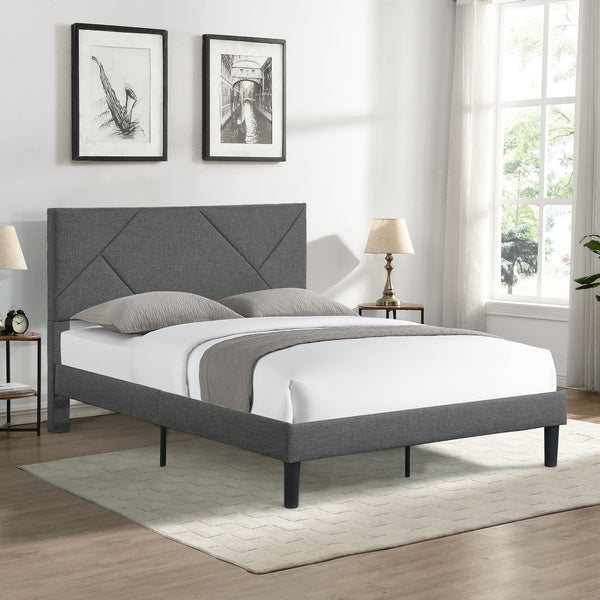 Full Size Upholstered  Platform Bed Frame with  Headboard, Strong Wood Slat Support, Mattress Foundation, No Box Spring Needed, Easy Assembly, Gray image