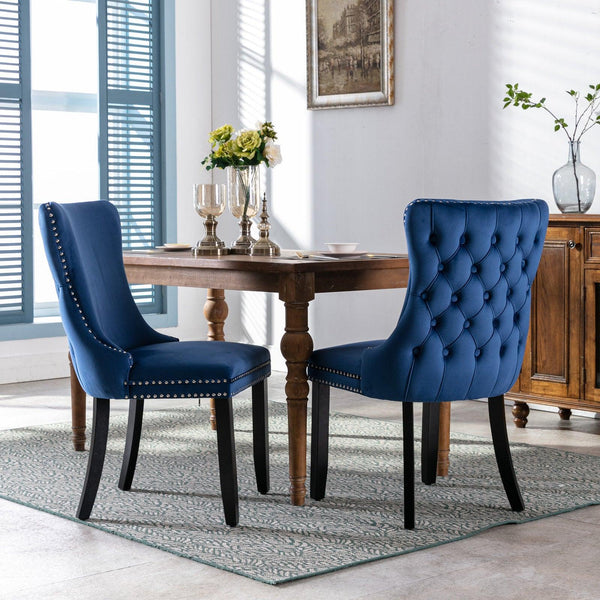 Cream Upholstered Wing-Back Dining Chair with Backstitching Nailhead Trim and Solid Wood Legs,Set of 2, Blue image