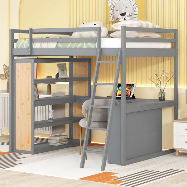 Full Size Loft Bed with Ladder, Shelves, and Desk, Gray image