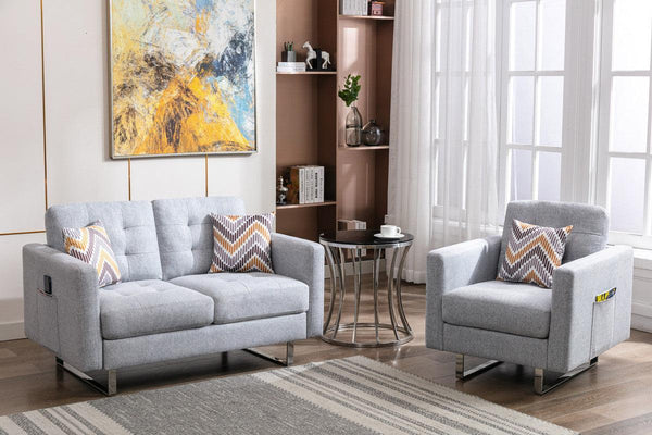 Victoria Light Gray Linen Fabric Loveseat Chair Living Room Set with Metal Legs, Side Pockets, and Pillows image