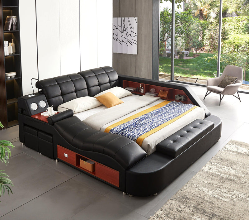 Multifunctional UpholsteredStorage Bed Frame, Massage Chaise Lounge on Left, Queen Size, Black image