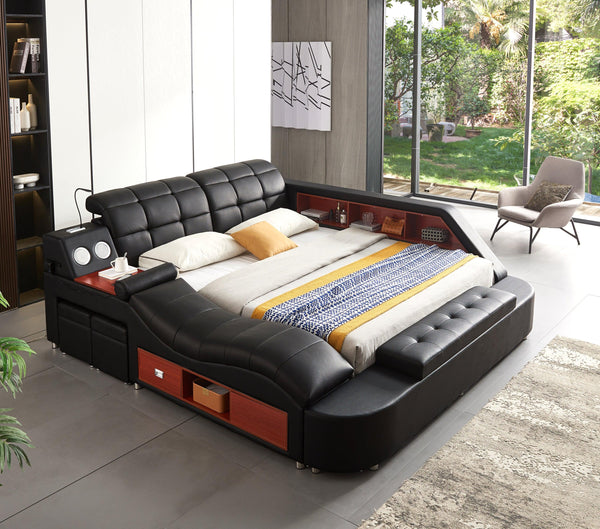 Multifunctional UpholsteredStorage Bed Frame, Massage Chaise Lounge on Left, King Size, Black image