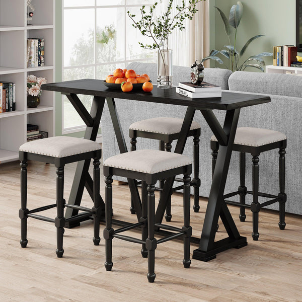 Mid-century Counter Height 5-Piece Dining Set, Wood Console Table with Trestle Legs and 4 Stools for Small Places, Black image