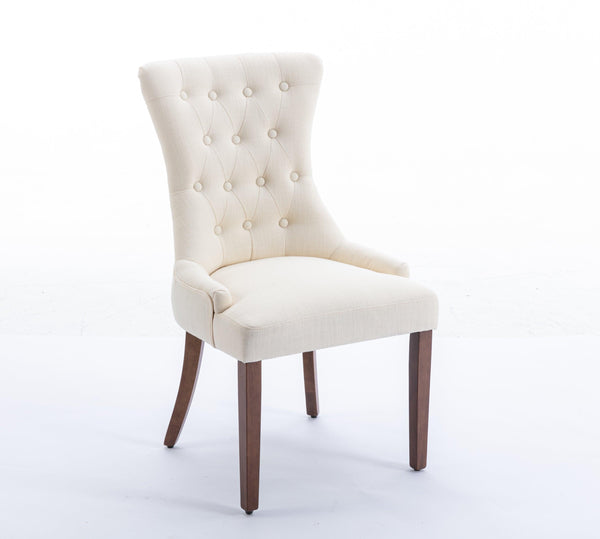 Classic Button Tufted Beige Linen Fabric Upholstered Dining Chair with Solid Wood Legs 2 PCS image