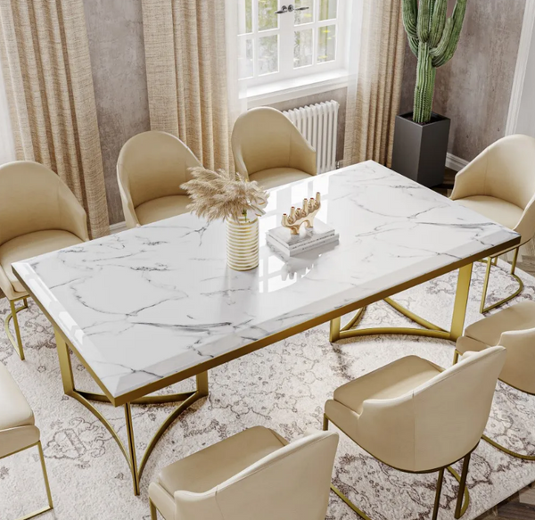 BuraModern Marble Dining Table with Rectangular Tabletop Gold Stainless Legs, for Kitchen and Dining Room image