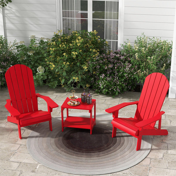 Key West 3 Piece Outdoor Patio All-Weather Plastic Wood Adirondack Bistro Set, 2 Adirondack chairs, and 1 small, side, end table set for Deck, Backyards, Garden, Lawns, Poolside, and Beaches, Red image