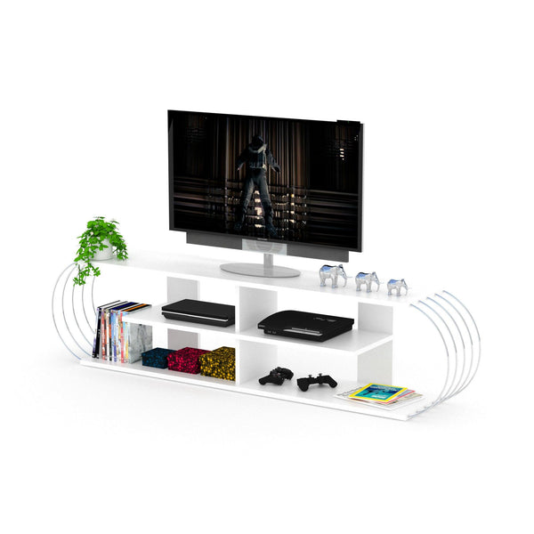 Mid CenturyModern Tv Stand 4 Shelves OpenStorage Entertainment Centre 68 inch Tv Unit, White/Chrome image