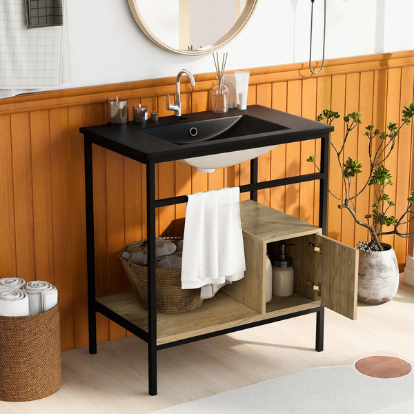 30" Bathroom vanity with Single Sink，Bathroom Storge Cabinet，Metal Frame，Black image