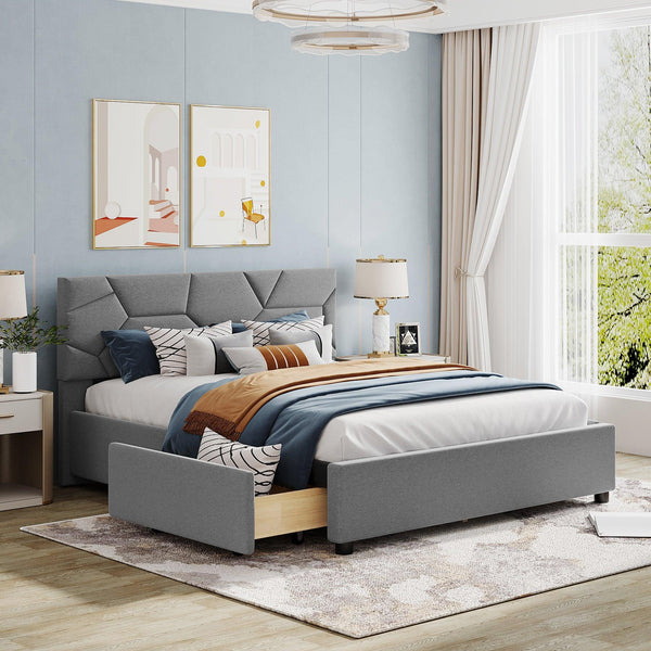 Queen Size Upholstered Platform Bed with Brick Pattern Heardboard and 4 Drawers, Linen Fabric, Gray image