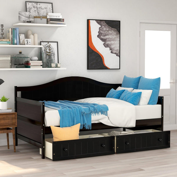 Twin Wooden Daybed with 2 drawers, Sofa Bed for Bedroom Living Room,No Box Spring Needed,Espresso image