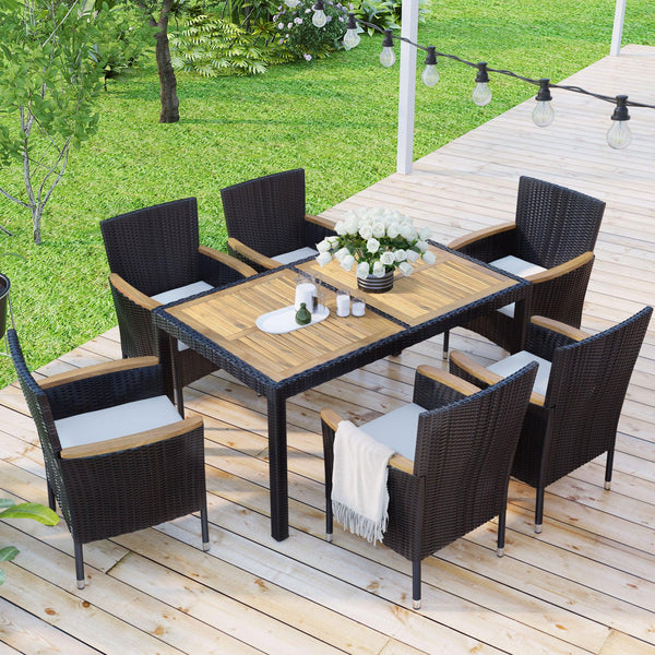7-Piece Outdoor Patio Dining Set, Garden PE Rattan Wicker Dining Table and Chairs Set, Acacia Wood Tabletop, Stackable Armrest Chairs with Cushions, Brown image
