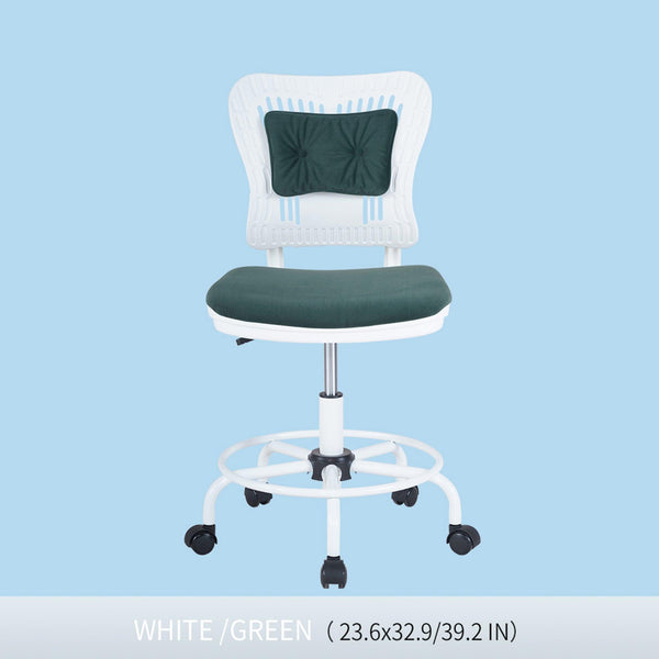 Home Office Desk Chair,Drafting Chair,Height Adjustable Rolling Chair, Armless CuteModern Task Chair for Make Up and Teens Homework,White+Green image