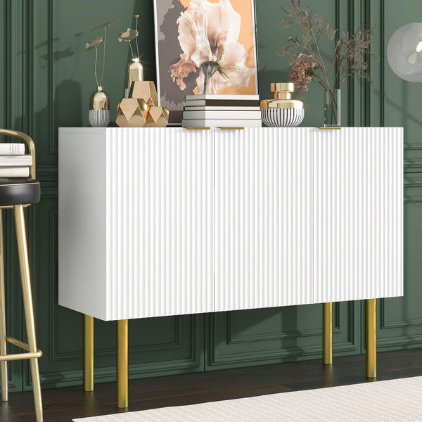 Modern Simple & Luxury Style Sideboard Particle Board & MDF Board Cabinet with Gold Metal Legs & Handles, Adjustable Shelves for Living Room, Dining Room (White) image