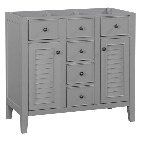 36" Bathroom Vanity without Sink, Cabinet Base Only, Two Cabinets and Five Drawers, Solid Wood Frame, Grey image