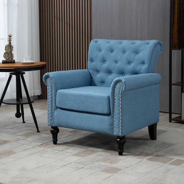 Mid-CenturyModern Accent Chair, Linen Armchair w/Tufted Back/Wood Legs, Upholstered Lounge Arm Chair Single Sofa for Living Room Bedroom,Light Blue image