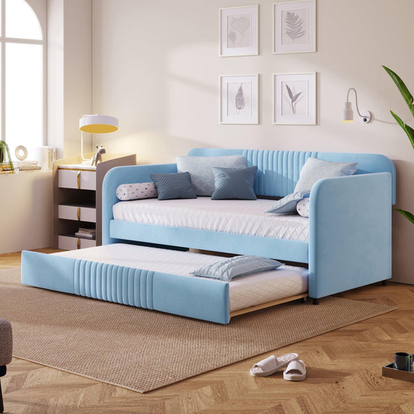 Upholstered Daybed Sofa Bed Twin Size With Trundle Bed and Wood Slat, Light Blue image