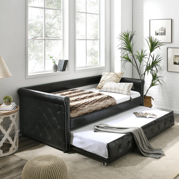 Daybed with Trundle Upholstered Tufted Sofa Bed, with Button and Copper Nail on Arms，both Twin Size, PU Black（85.5“x42”x30.5“） image