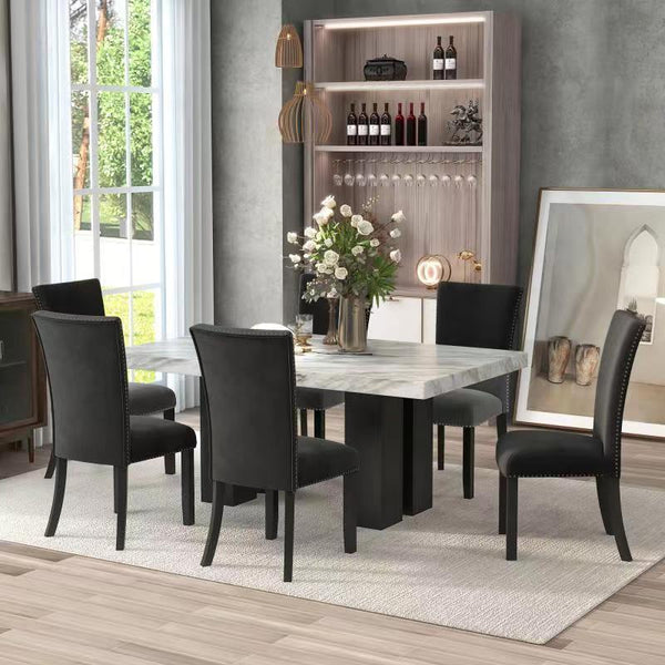 7-piece Dining Table Set with 1 Faux Marble Dining Rectangular Table and 6 Upholstered-Seat Chairs ,for Dining room and Living Room ,Black image