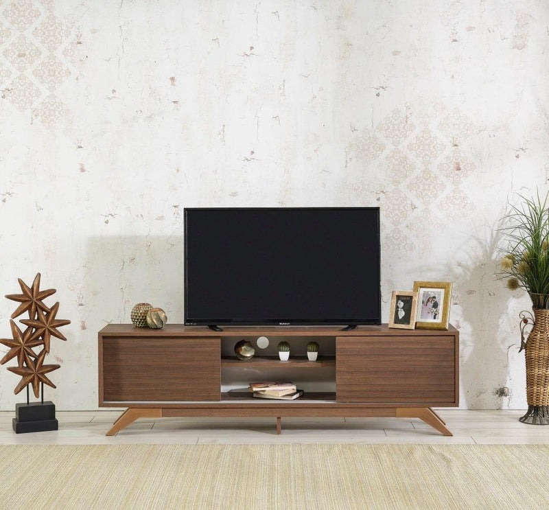 Luxia Mid CenturyModern Tv Stand 2 Sliding Door Cabinet 2 Shelves 67 inch Tv Unit, Walnut image