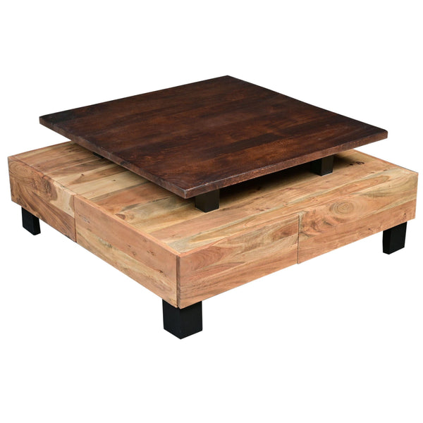 36 Inch HandcraftedModern Industrial Coffee Table, Two Drawers, Dual Tone, Brown, Black image