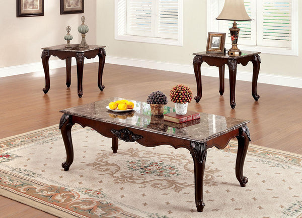 Formal Traditional 3pc Table set Occasional Tables Living Room Furniture 1x Coffee Table And 2x End Tables Faux Marble Top Intricate Design image
