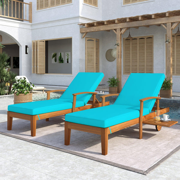 Outdoor Solid Wood 78.8" Chaise Lounge Patio Reclining Daybed with Cushion, Wheels and Sliding Cup Table for Backyard, Garden, Poolside,Brown Wood Finish+Blue Cushion, Set of 2 image