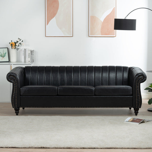 83.46'' Black PU Rolled Arm Chesterfield Three Seater Sofa. image