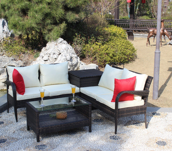 4 Piece Patio Sectional Wicker Rattan Outdoor Furniture Sofa Set withStorage Box Brown image