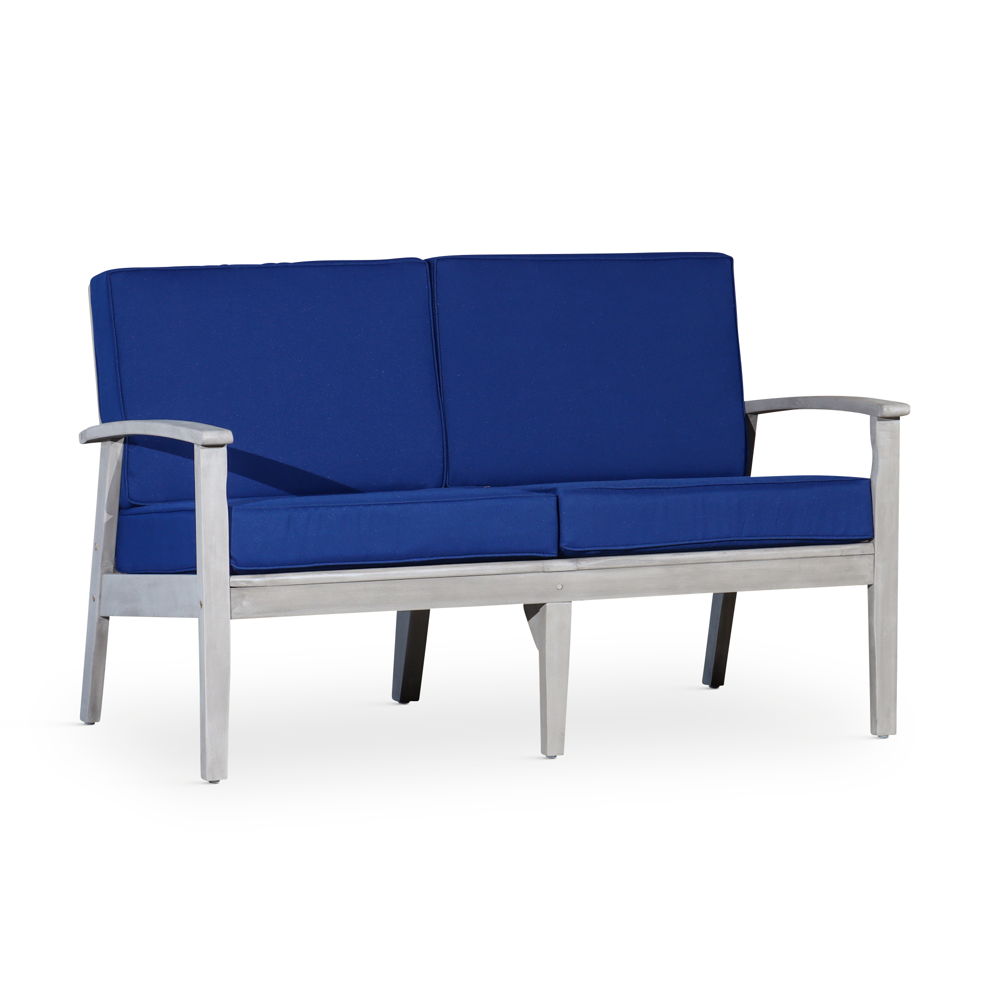 Eucalyptus Loveseat with Cushions, Silver Gray Finish, Navy Cushions