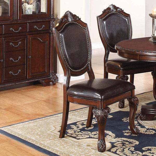 Royal Majestic Formal Set of 2 Side Chairs Brown Color Rubberwood Dining Room Furniture Intricate Design Faux Leather Upholstered Seat image