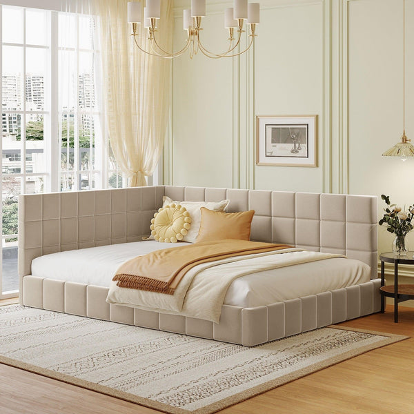 Full Size Upholstered Daybed/Sofa Bed Frame-Beige, Velvet image