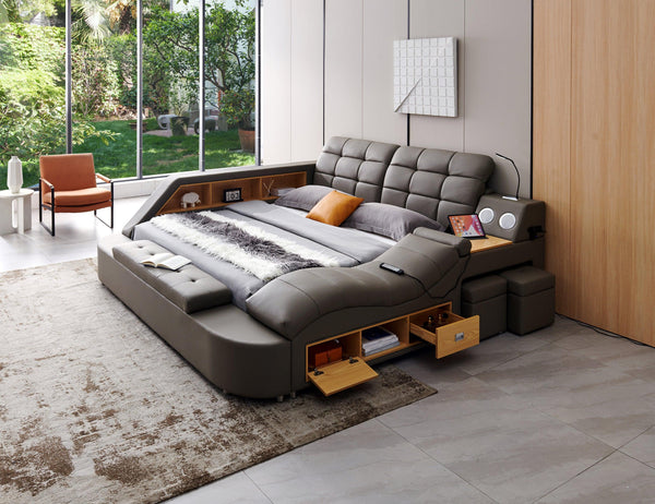 Multifunctional UpholsteredStorage Bed Frame, Massage Chaise Lounge on Right ,King Size, Grey image