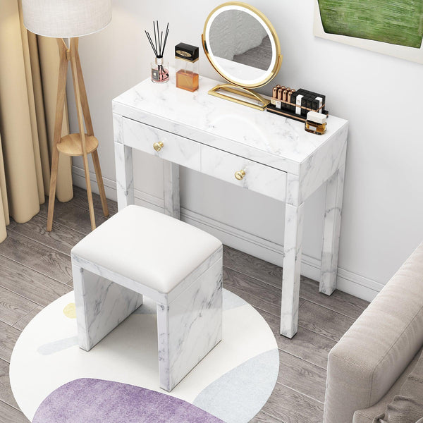 White Vanity Set, Tempered Glass Vanity, Dressing Table with Soft Cushioned Stool for Bedroom Studio image
