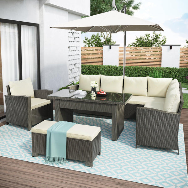 Patio Furniture Set, 6 Piece Outdoor Conversation Set, Dining Table Chair with Bench and Cushions image