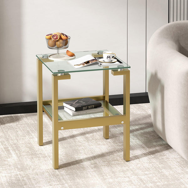 2-Piece Gold+Clear Glass Side & End Table withStorage Shelve, Night Stand/Sofa Table Bedroom Corner Table image