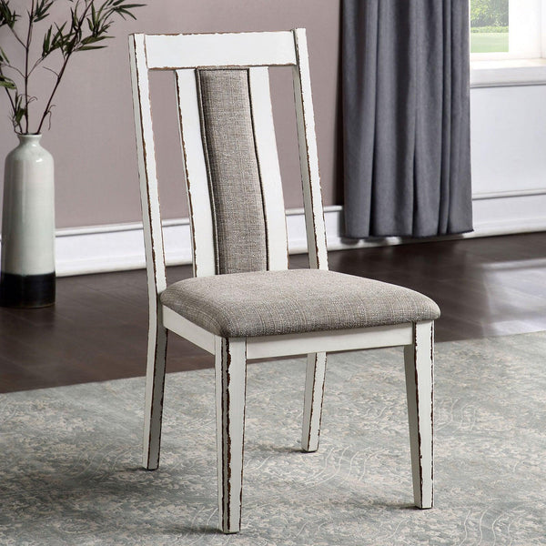 Classic Weathered White / Warm Gray Set of 2 Side Chairs Fabric Unique Back Solid wood Chair Upholstered Seat Kitchen Rustic Dining Room Furniture image