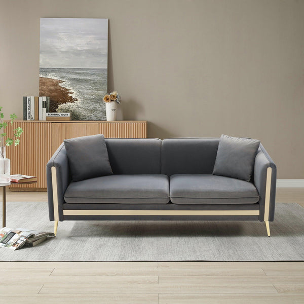 77.2”Modern Upholstered Velvet Sofa 3 Seater Couch with Removable Cushions Side Pocket Mid-Century Tufted Living Room Set ld Metal Legs,2 Pillows Included,Grey image