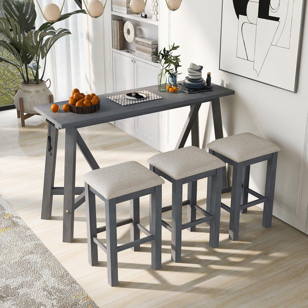 Multipurpose Home Kitchen Dining Bar Table Set with 3 Upholstered Stools(Gray) image