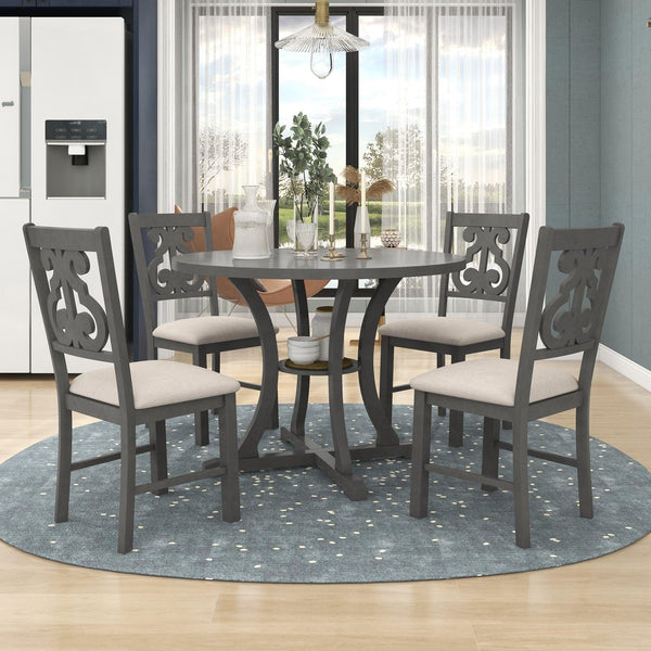 5-Piece Round Dining Table and Chair Set with Special-shaped Legs and an Exquisitely Designed Hollow Chair Back for Dining Room (Gray) image