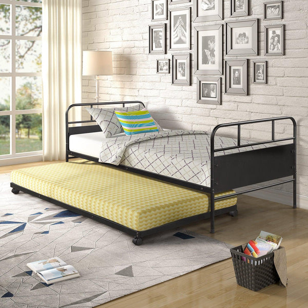 Metal Daybed Platform Bed Frame with Trundle Built-in Casters, Twin Size image