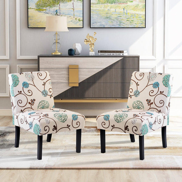 Upholstered Accent Armless Living Room Chair Set of 2 (Beige/Floral) image