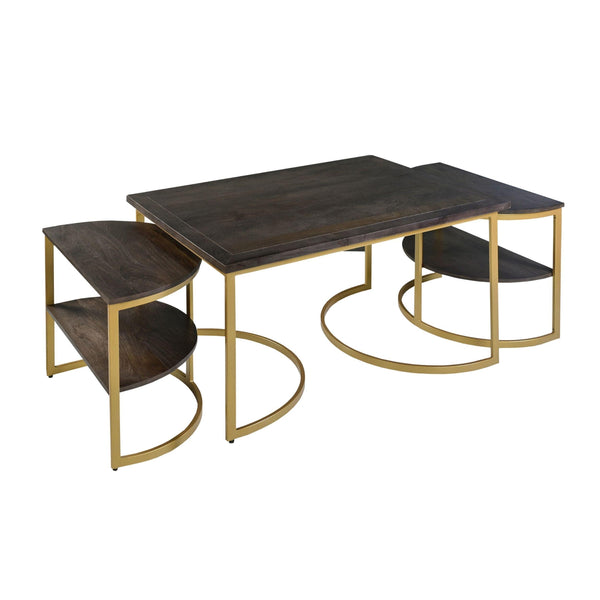 38 Inch Rectangle Metal Nesting Coffee Table - 3 pcs set, Dark Brown, Gold image