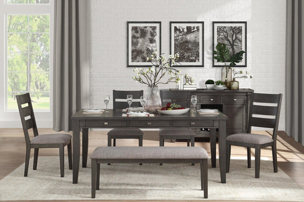 Gray Finish 6pc Dining Set Table with 6x Drawers and 4x Side Chairs Bench Upholstered Seat Transitional Dining Room Furniture image