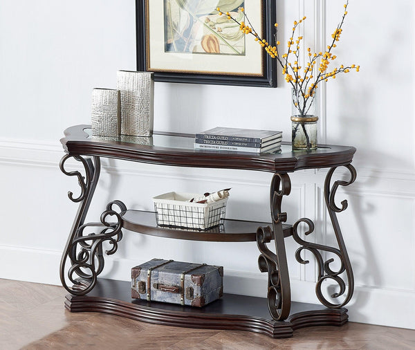 Sofa Table, Glass table top, MDF W/marble paper middle shelf, powder coat finish metal legs. (54"Lx20"Wx30"H) image