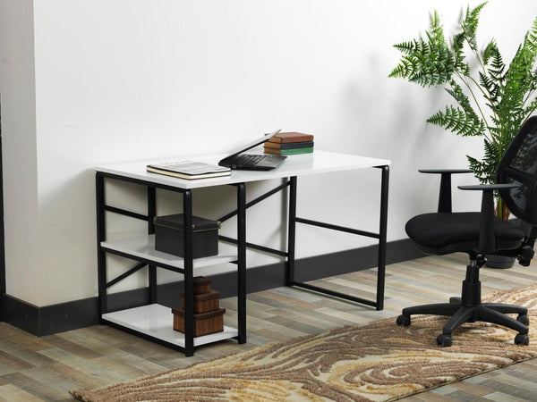 Furnish Home Store Sage Black Metal Frame 47" Wooden Top 2 Shelves Writing and Computer Desk for Home Office, White image