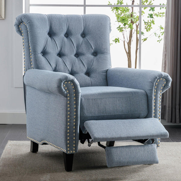 Pushback Linen Tufted Recliner Single Sofa with Nailheads Roll Arm for Living Room, Bedroom, Office, Blue image