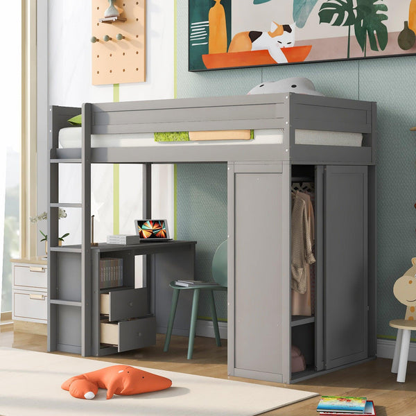 Wood Twin Size Loft Bed with Wardrobes and 2-Drawer Desk with Cabinet, Gray image